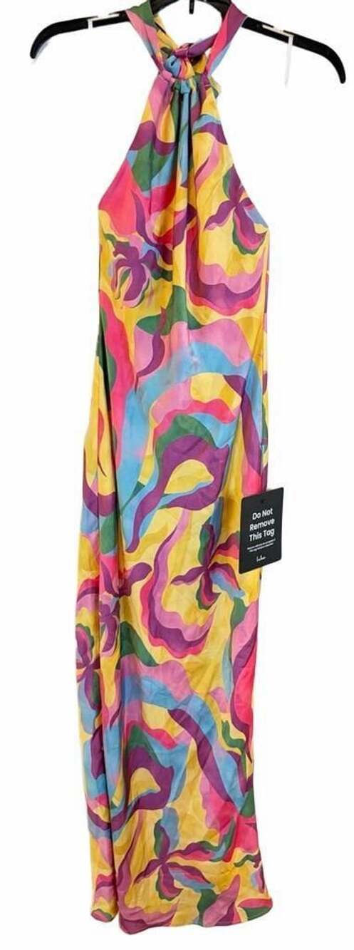 Lulus Glowing Presence Colorful Multi Abstract Satin Halter Maxi Dress NWT, S